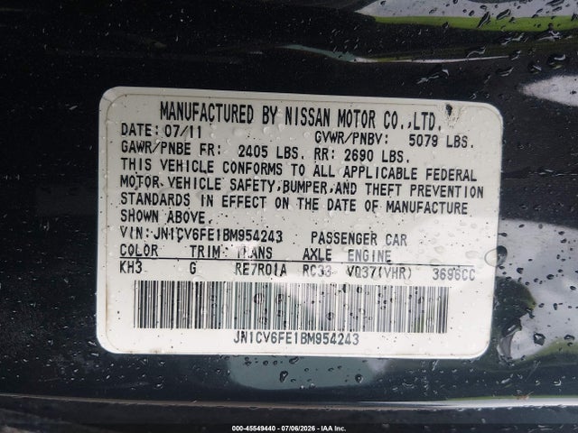 Aukcja sprzedaży 2011 Infiniti G37, vin: JN1CV6FE1BM954243, numer aukcji: 45549440