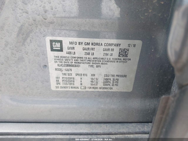 Auction sale of the 2019 Buick Encore Awd Sport Touring, vin: KL4CJ2SB9KB830451, lot number: 45549447