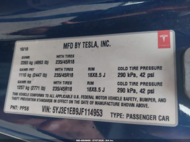 Tesla Model 3 Long Range/performance 2018 5YJ3E1EB9JF114953 Image 9