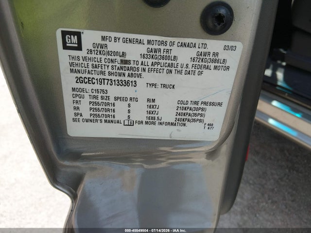 45549504 :رقم المزاد ، 2GCEC19T731333613 vin ، 2003 Chevrolet Silverado 1500 Ls مزاد بيع