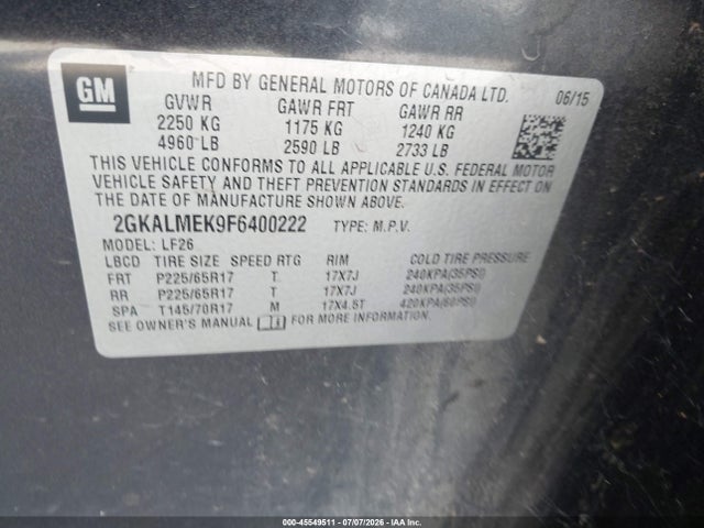Aukcja sprzedaży 2015 Gmc Terrain Sle-1, vin: 2GKALMEK9F6400222, numer aukcji: 45549511