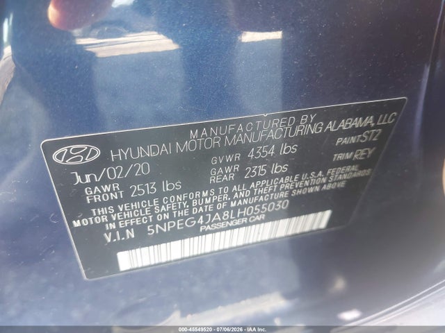 2020 Hyundai Sonata Se მანქანა იყიდება აუქციონზე, vin: 5NPEG4JA8LH055030, აუქციონის ნომერი: 45549520