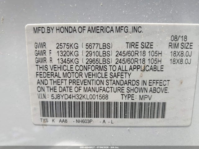 45549527 :رقم المزاد ، 5J8YD4H32KL001568 vin ، 2019 Acura Mdx Standard مزاد بيع