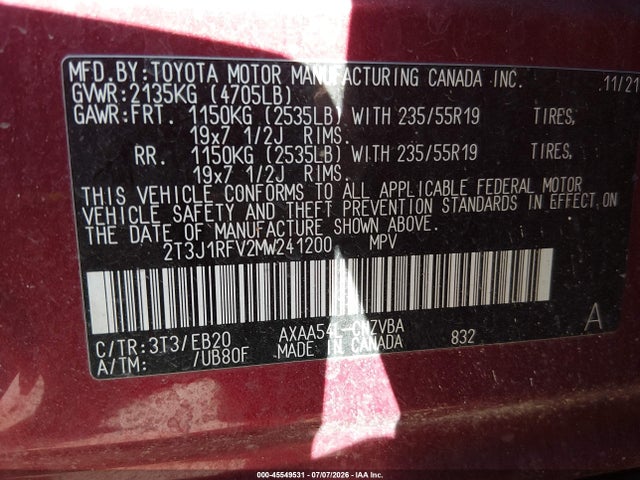 2T3J1RFV2MW241200 Toyota Rav4 Adventure