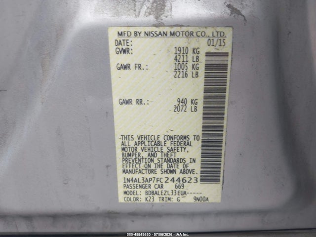 1N4AL3AP7FC244623 Nissan Altima 2.5/2.5 S/2.5 Sl/2.5 Sv
