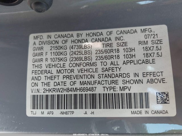 45549574 :رقم المزاد ، 2HKRW2H84MH669487 vin ، 2021 Honda Cr-v Awd Ex-l مزاد بيع