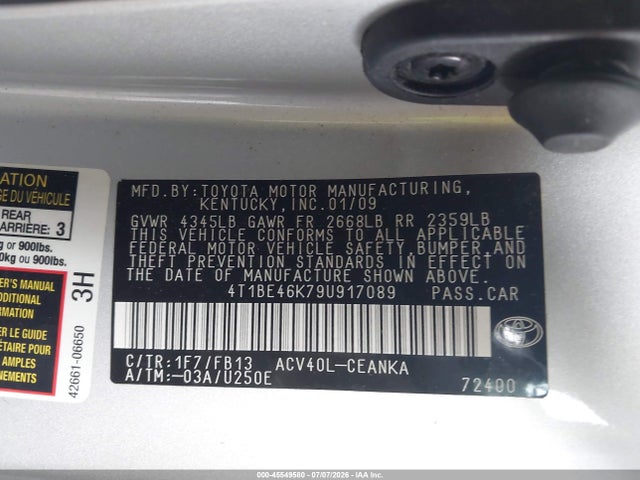 Продаж на аукціоні авто 2009 Toyota Camry Le, vin: 4T1BE46K79U917089, номер лоту: 45549580