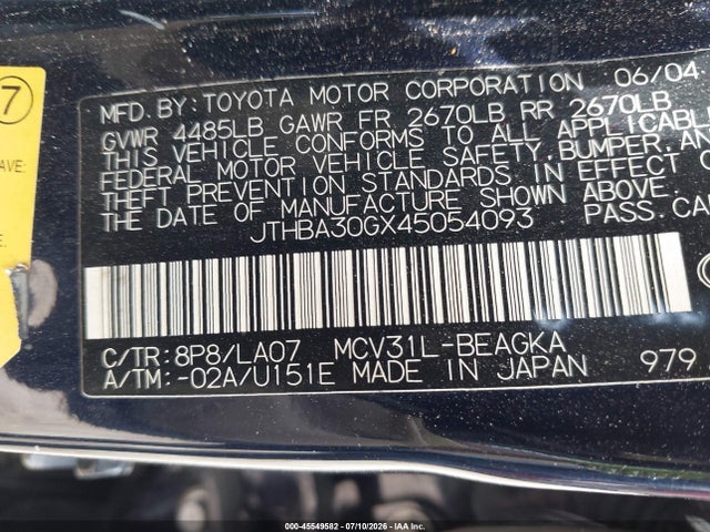 45549582 :رقم المزاد ، JTHBA30GX45054093 vin ، 2004 Lexus Es 330 مزاد بيع