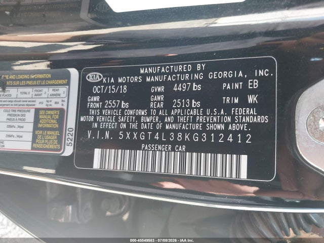 Auction sale of the 2019 Kia Optima Lx, vin: 5XXGT4L38KG312412, lot number: 45549583