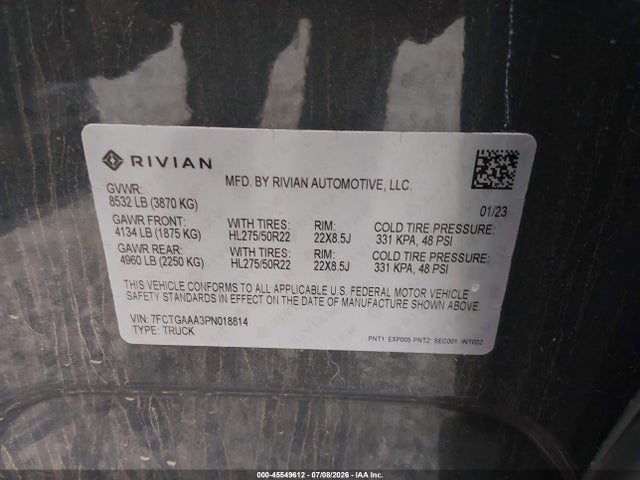 Продажа на аукционе авто 2023 Rivian R1t Adventure, vin: 7FCTGAAA3PN018814, номер лота: 45549612