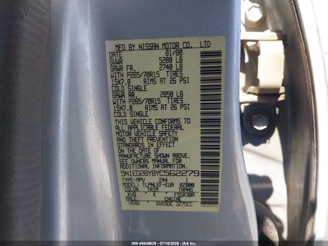 Aukcja sprzedaży 2000 Nissan Xterra Se/xe, vin: 5N1ED28Y8YC562279, numer aukcji: 45549629