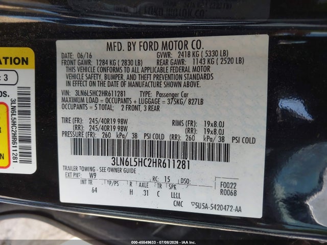 Aukcja sprzedaży 2017 Lincoln Mkz Black Label, vin: 3LN6L5HC2HR611281, numer aukcji: 45549633