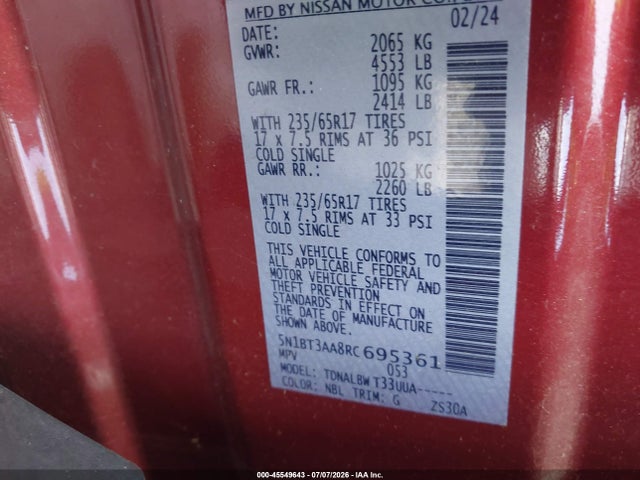 45549643 :رقم المزاد ، 5N1BT3AA8RC695361 vin ، 2024 Nissan Rogue S Fwd مزاد بيع