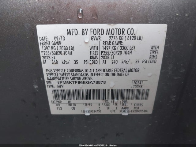 2014 Ford Explorer Limited მანქანა იყიდება აუქციონზე, vin: 1FM5K7F86EGA78878, აუქციონის ნომერი: 45549645