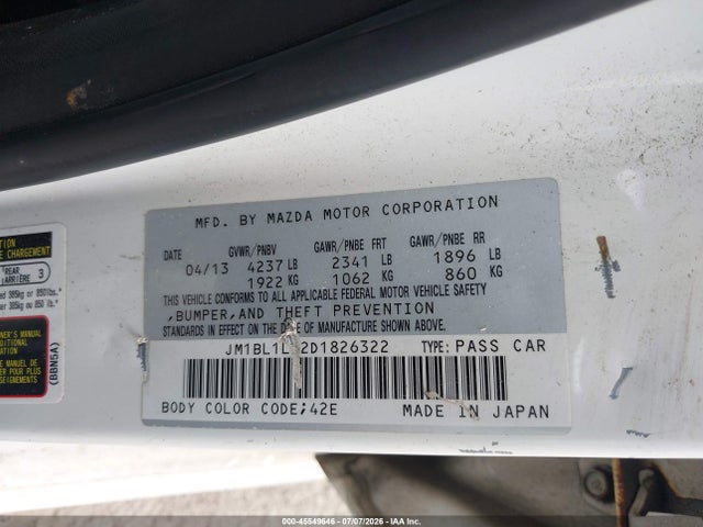 Aukcja sprzedaży 2013 Mazda Mazdaspeed3 Touring, vin: JM1BL1L42D1826322, numer aukcji: 45549646