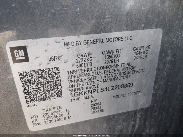 45549650 :رقم المزاد ، 1GKKNPLS4LZ208869 vin ، 2020 Gmc Acadia Fwd Denali مزاد بيع