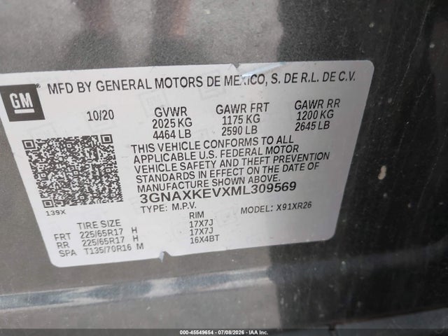 45549654 :رقم المزاد ، 3GNAXKEVXML309569 vin ، 2021 Chevrolet Equinox Fwd Lt مزاد بيع
