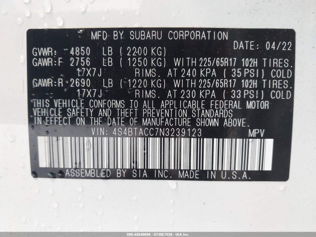 Продаж на аукціоні авто 2022 Subaru Outback Premium, vin: 4S4BTACC7N3239123, номер лоту: 45549698