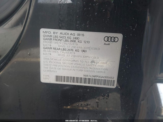 45549728 :رقم المزاد ، WA1L2AFP0GA055452 vin ، 2016 Audi Q5 2.0t Premium مزاد بيع