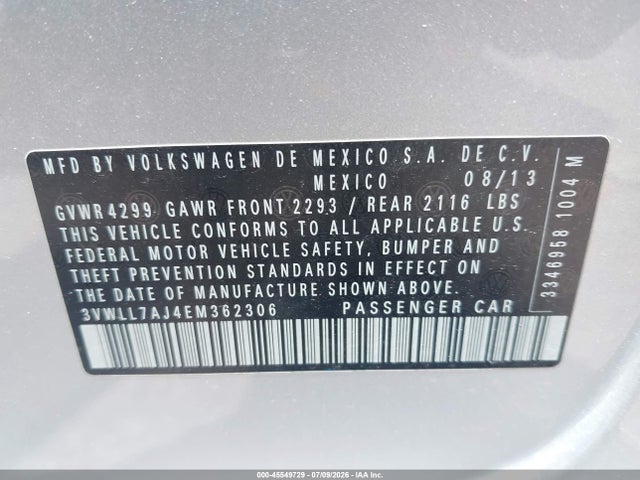 2014 Volkswagen Jetta მანქანა იყიდება აუქციონზე, vin: 3VWLL7AJ4EM362306, აუქციონის ნომერი: 45549729