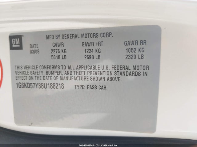 45549742 :رقم المزاد ، 1G6KD57Y38U188218 vin ، 2008 Cadillac Dts 1sc مزاد بيع