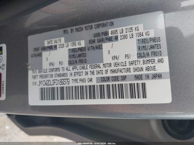 45549758 :رقم المزاد ، JM1CW2DL0F0189379 vin ، 2015 Mazda Mazda5 Grand Touring مزاد بيع