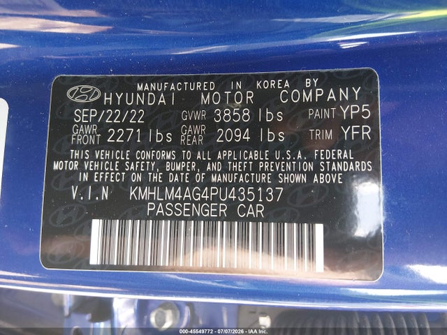 Продажа на аукционе авто 2023 Hyundai Elantra Sel, vin: KMHLM4AG4PU435137, номер лота: 45549772
