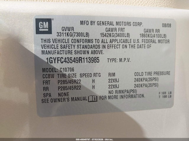 2009 Cadillac Escalade Hybrid Standard მანქანა იყიდება აუქციონზე, vin: 1GYFC43549R113985, აუქციონის ნომერი: 45549797