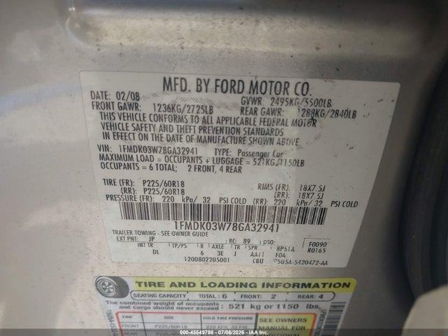 Aukcja sprzedaży 2008 Ford Taurus X Limited, vin: 1FMDK03W78GA32941, numer aukcji: 45549798