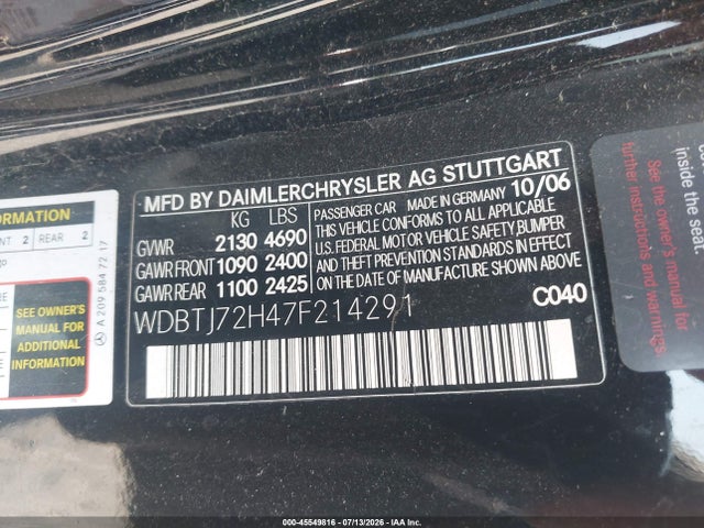Auction sale of the 2007 Mercedes-benz Clk 550, vin: WDBTJ72H47F214291, lot number: 45549816