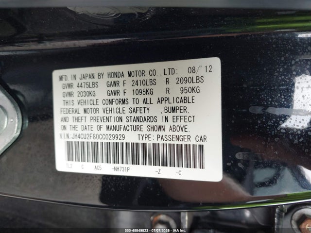 45549823 :رقم المزاد ، JH4CU2F80CC029929 vin ، 2012 Acura Tsx 2.4 مزاد بيع