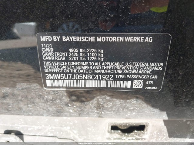 2022 Bmw M340i მანქანა იყიდება აუქციონზე, vin: 3MW5U7J05N8C41922, აუქციონის ნომერი: 45549828