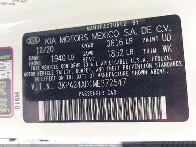 45549830 :رقم المزاد ، 3KPA24AD1ME372547 vin ، 2021 Kia Rio S مزاد بيع