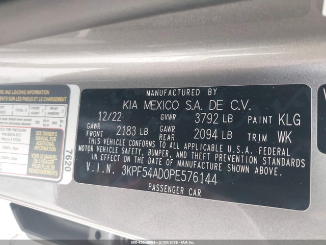 Auction sale of the 2023 Kia Forte Gt-line, vin: 3KPF54AD0PE576144, lot number: 45549864