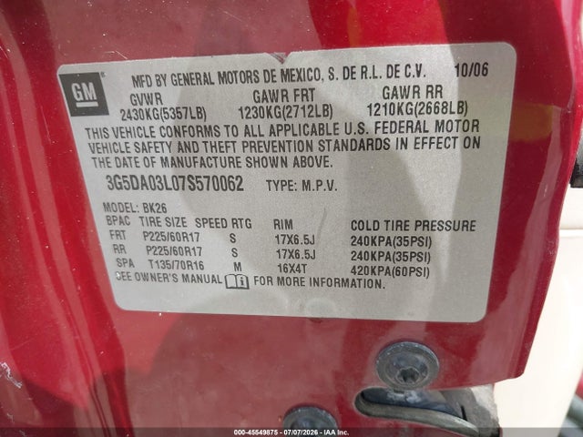Aukcja sprzedaży 2007 Buick Rendezvous Cxl, vin: 3G5DA03L07S570062, numer aukcji: 45549875