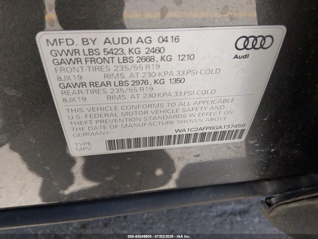 45549900 :رقم المزاد ، WA1C2AFP8GA137459 vin ، 2016 Audi Q5 2.0t Premium مزاد بيع
