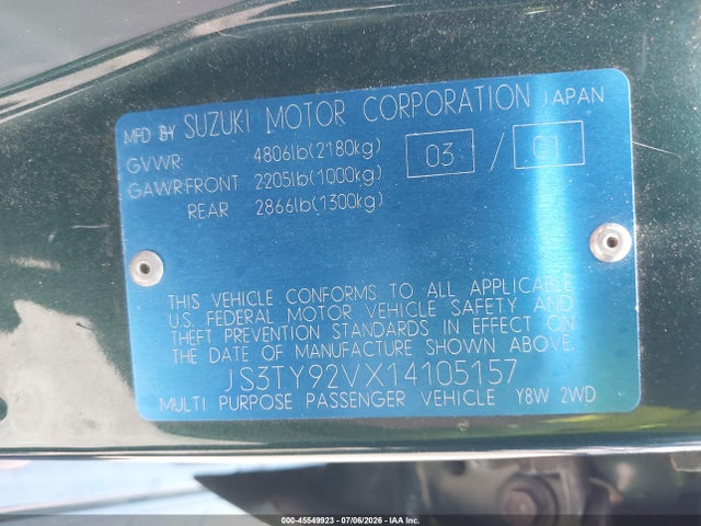 45549923 :رقم المزاد ، JS3TY92VX14105157 vin ، 2001 Suzuki Grand Vitara Xl-7 Plus/standard/touring مزاد بيع