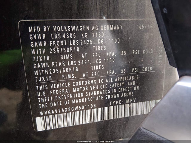 Продаж на аукціоні авто 2016 Volkswagen Tiguan Se, vin: WVGAV7AX8GW501196, номер лоту: 45549933