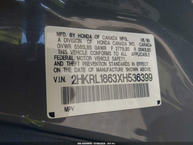 Продаж на аукціоні авто 1999 Honda Odyssey Ex, vin: 2HKRL1863XH536399, номер лоту: 45549950