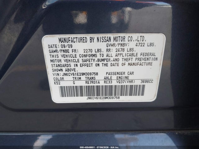 45549951 :رقم المزاد ، JNKCV61E29M309758 vin ، 2009 Infiniti G37 Journey مزاد بيع