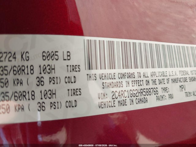 45549959 :رقم المزاد ، 2C4RC1GG2HR588766 vin ، 2017 Chrysler Pacifica Limited مزاد بيع