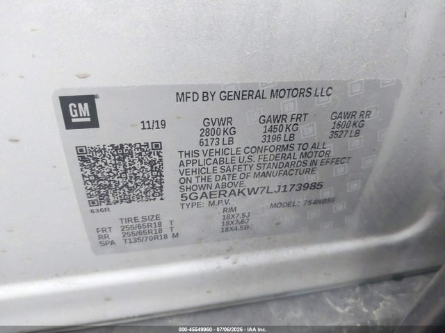45549960 :رقم المزاد ، 5GAERAKW7LJ173985 vin ، 2020 Buick Enclave Fwd Preferred مزاد بيع