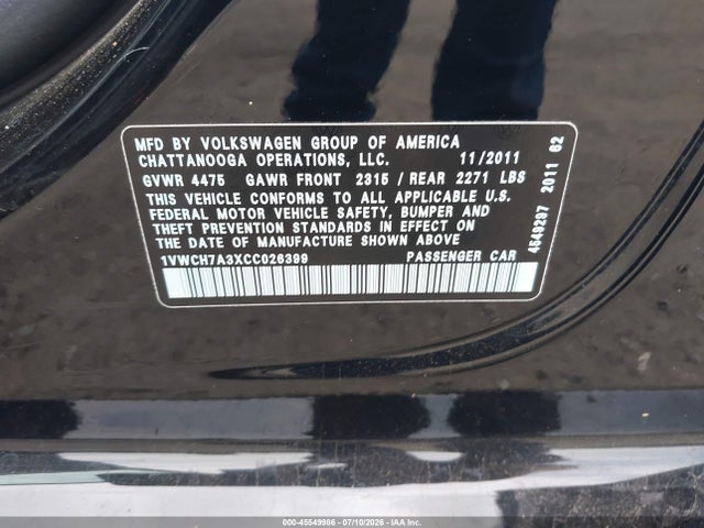 Продаж на аукціоні авто 2012 Volkswagen Passat 2.5l Sel, vin: 1VWCH7A3XCC026399, номер лоту: 45549986