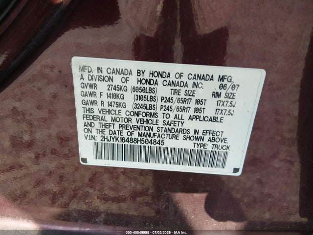 45549995 :رقم المزاد ، 2HJYK16488H504845 vin ، 2008 Honda Ridgeline Rts مزاد بيع