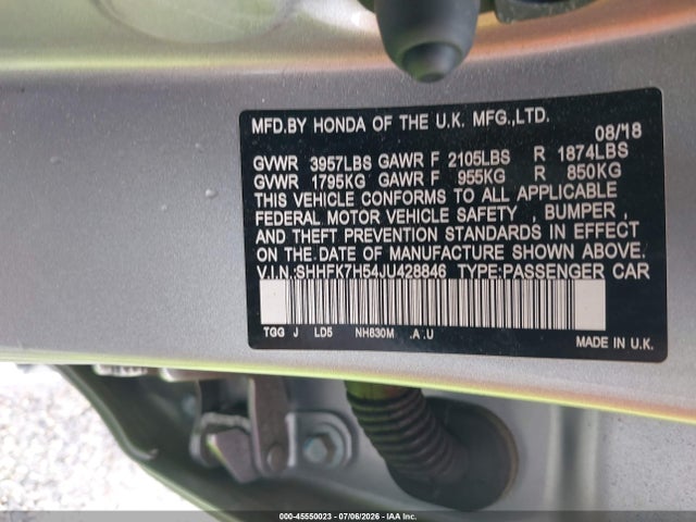2018 Honda Civic Ex მანქანა იყიდება აუქციონზე, vin: SHHFK7H54JU428846, აუქციონის ნომერი: 45550023