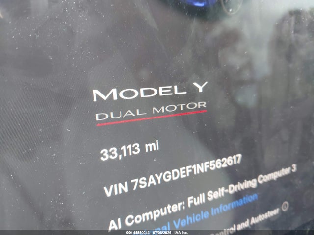 45550043 :رقم المزاد ، 7SAYGDEF1NF562617 vin ، 2022 Tesla Model Y Performance Dual Motor All-wheel Drive مزاد بيع