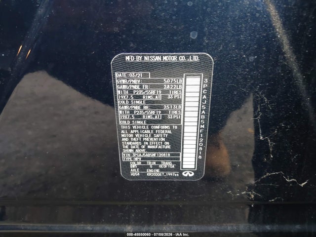 Продажа на аукционе авто 2021 Infiniti Qx50 Pure Awd, vin: 3PCAJ5AB5MF120818, номер лота: 45550060
