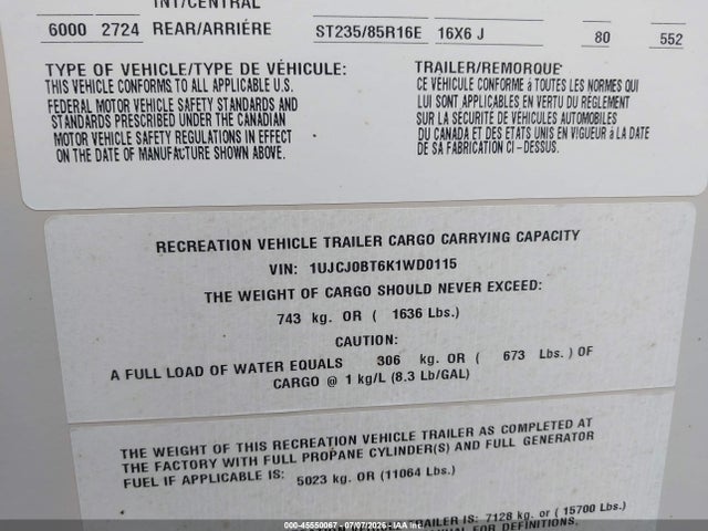 Продаж на аукціоні авто 2019 Jayco Other, vin: 1UJCJ0BT6K1WD0115, номер лоту: 45550067