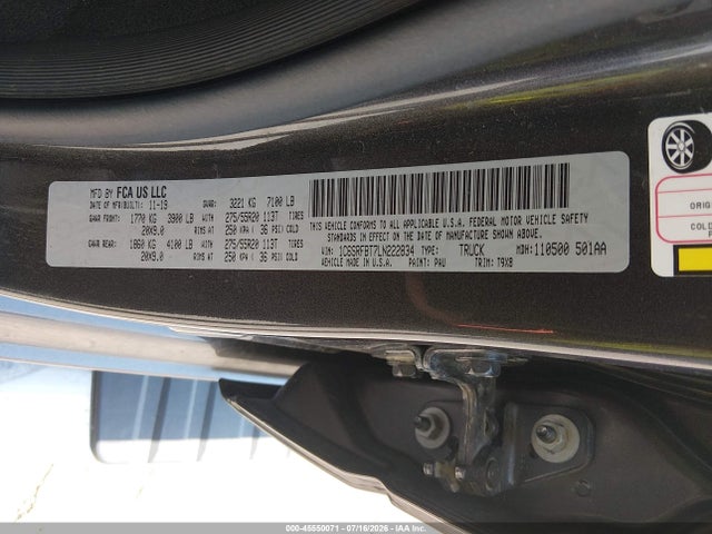 Продажа на аукционе авто 2020 Ram 1500 Big Horn  4x4 6'4 Box, vin: 1C6SRFBT7LN222834, номер лота: 45550071