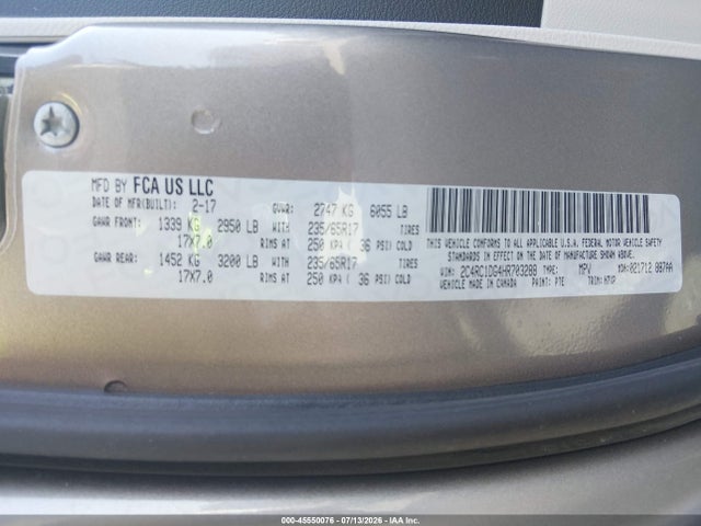 Продажа на аукционе авто 2017 Chrysler Pacifica Touring, vin: 2C4RC1DG4HR703288, номер лота: 45550076